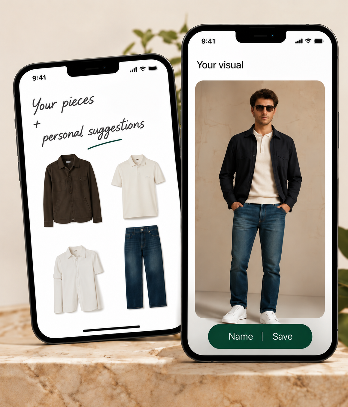 Build it, visualise it — NOZME app showing outfit builder and complete look